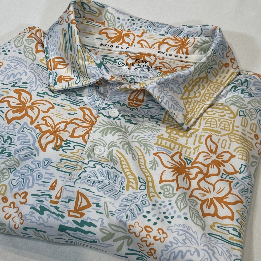 Rorie Whelan Men's Golf Performance Polo‎ Shirt XL Tropical Beach Print